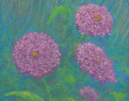 These zinnias emerge out of tall grasses that surround the Asa Garden.